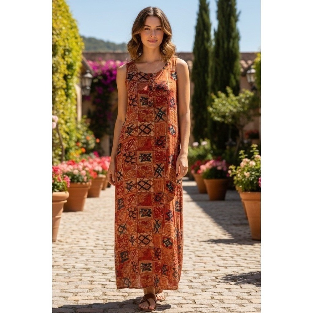 Vintage Adini Maxi Dress Women's Small Sleeveless Boho Beach Geometric Rayon NWT